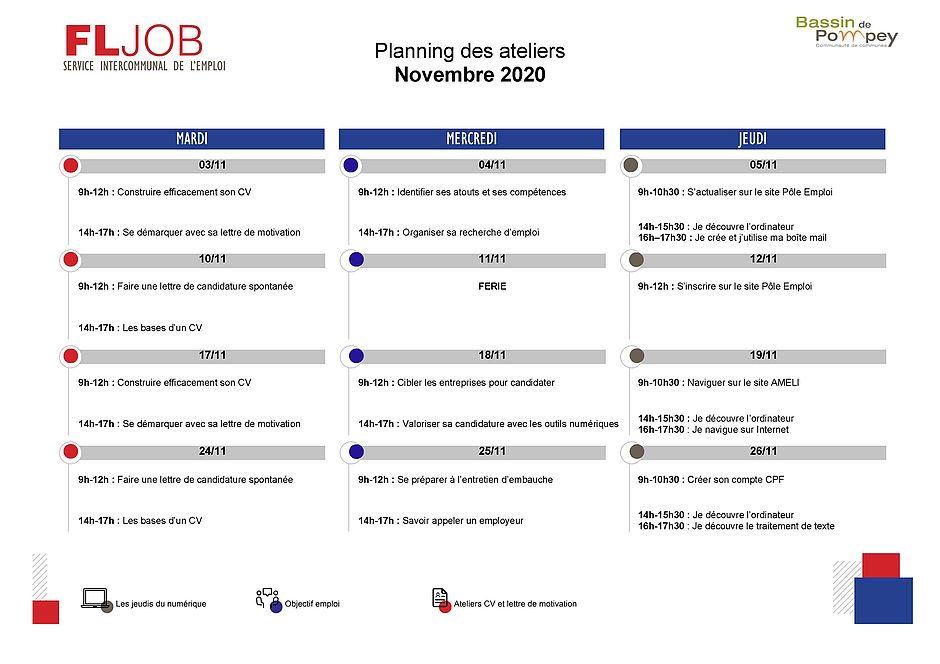 Planning des ateliers construire son CV, lettre de motivation, identifier ses atouts et compétences, organiser sa recherche d'emploi, s'actualiser sur Pôle Emploi, maitrise de l'ordinateur, site AMELI, cibler ses entreprises - Agrandir l'image, .JPG 417 Ko (fenêtre modale)